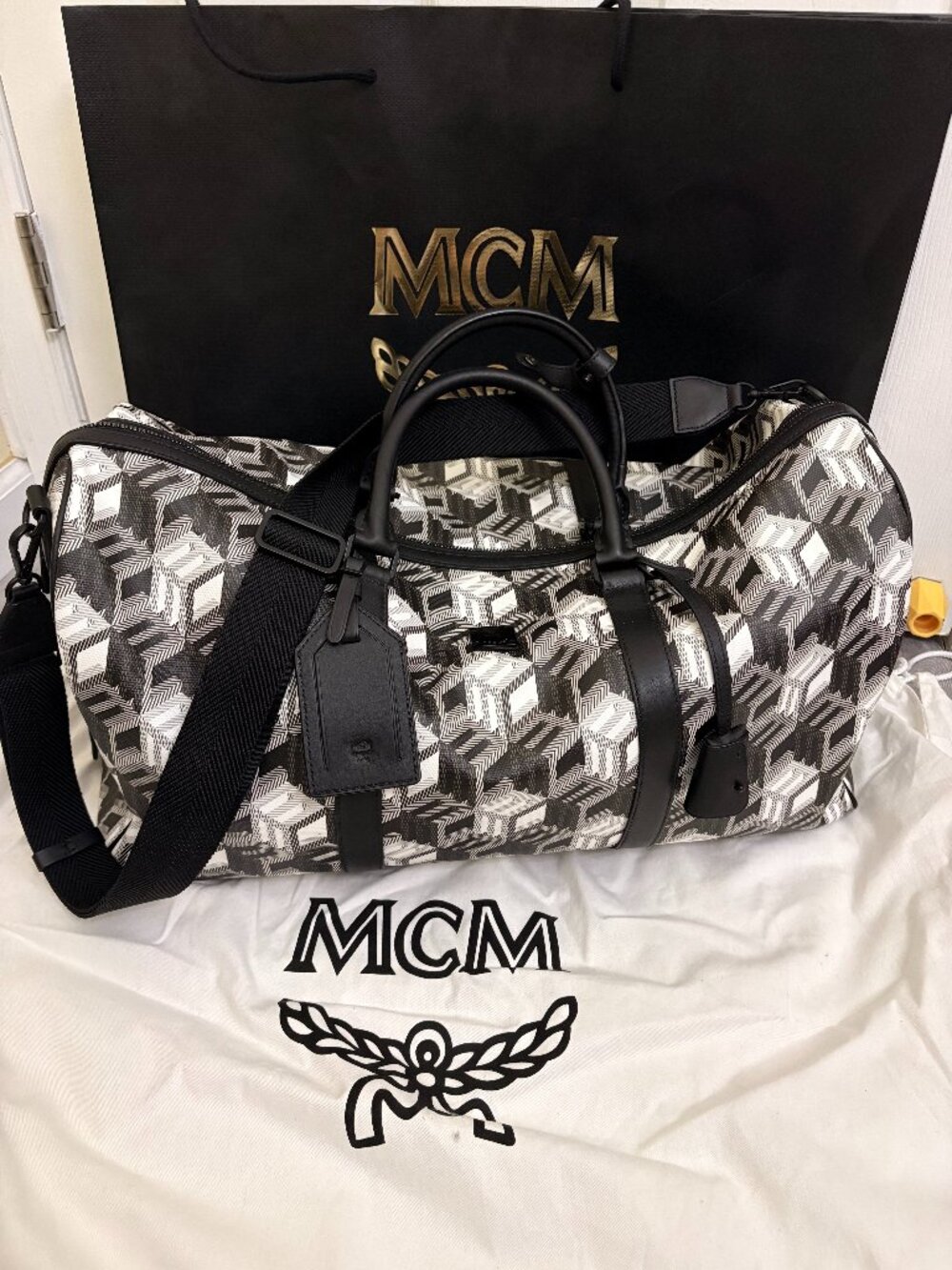 MCM Cubic Monogram Black & White Large Traveler Weekender Duffle Bag